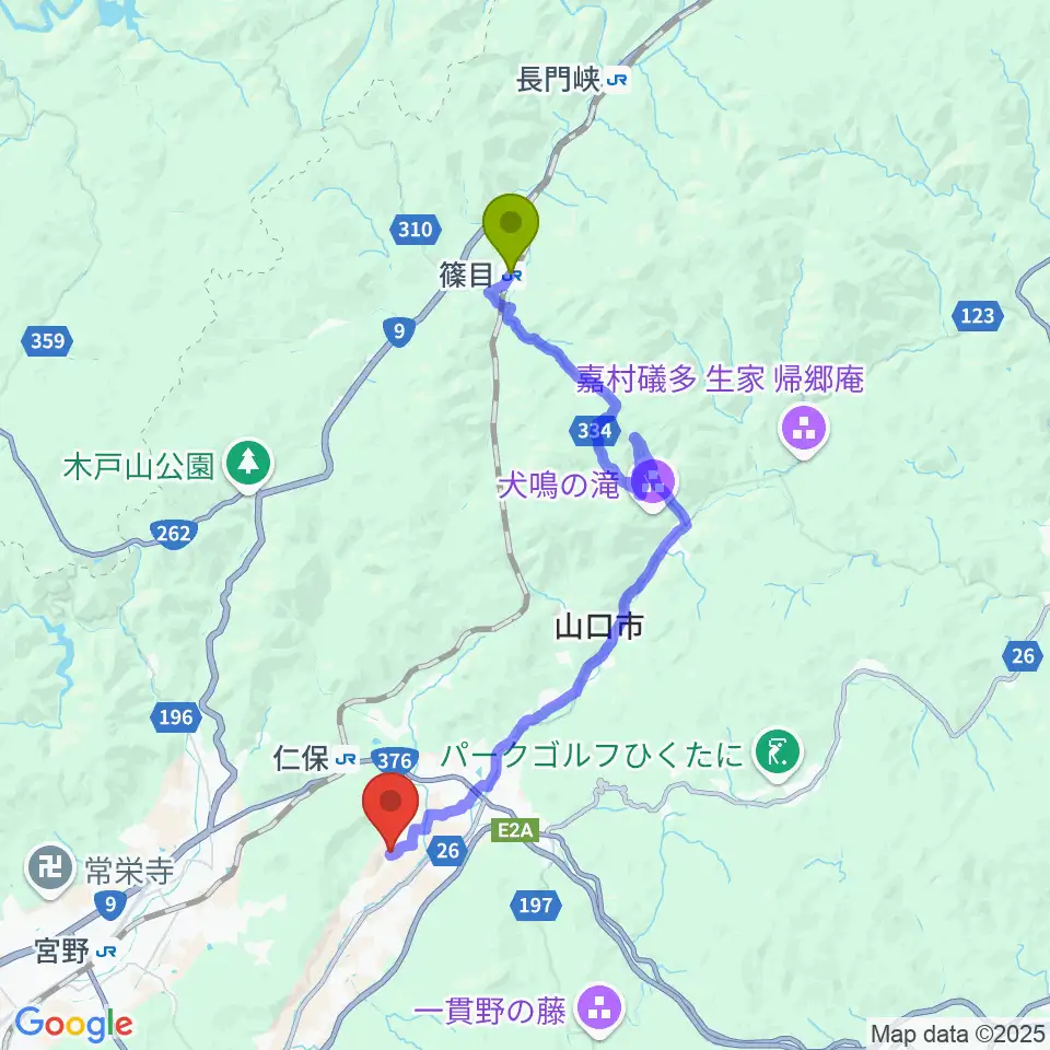 篠目駅からスタジオログハウスへのルートマップ地図