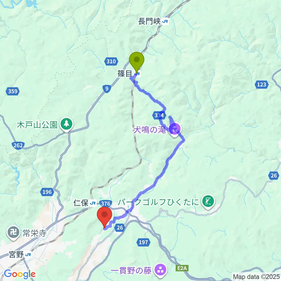 篠目駅からスタジオログハウスへのルートマップ地図