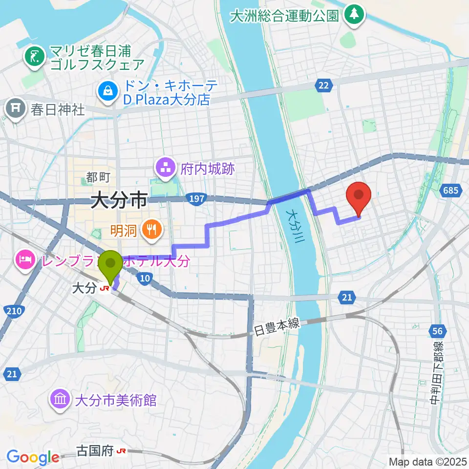 大分駅からMUSIC HOLIDAYへのルートマップ地図