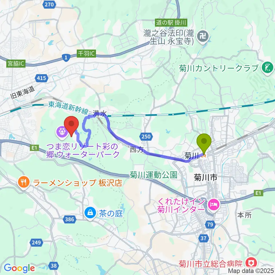 菊川駅からつま恋ミュージックガーデンへのルートマップ地図