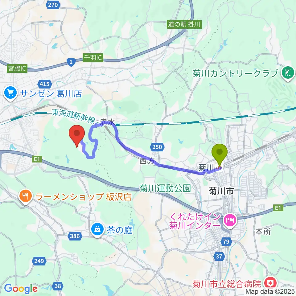 菊川駅からつま恋ミュージックガーデンへのルートマップ地図