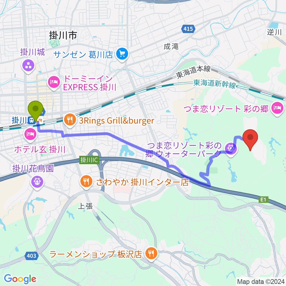 つま恋ミュージックガーデンの最寄駅掛川駅からの徒歩ルート（約48分）地図