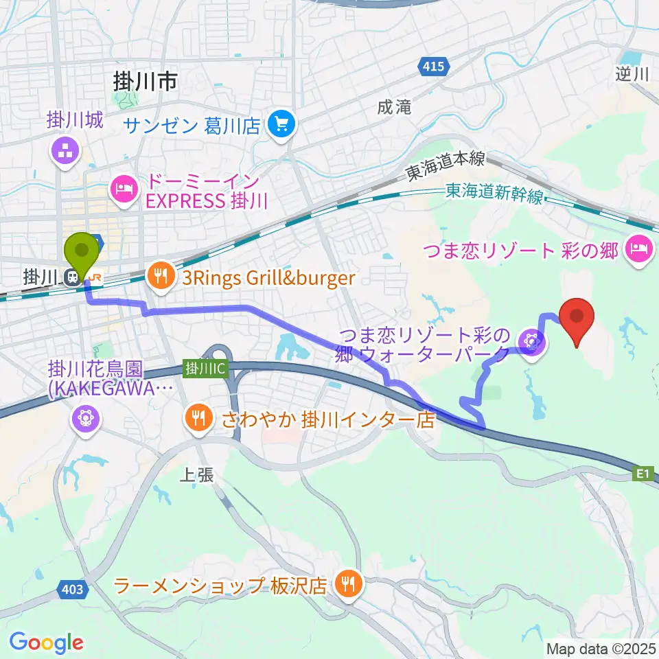 つま恋ミュージックガーデンの最寄駅掛川駅からの徒歩ルート（約48分）地図