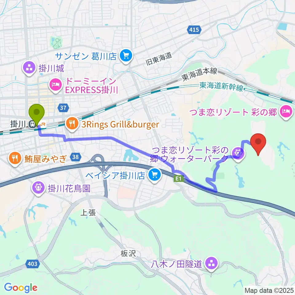 つま恋ミュージックガーデンの最寄駅掛川駅からの徒歩ルート（約48分）地図