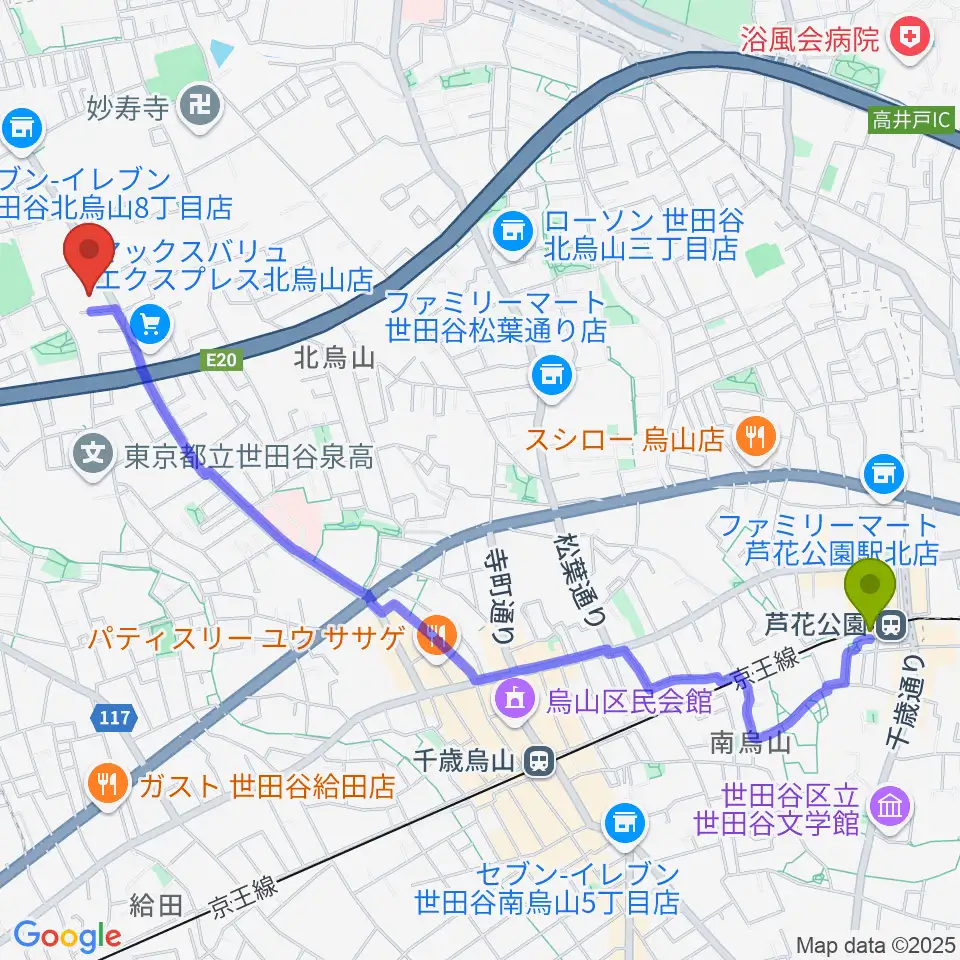 芦花公園駅からBS&T Studioへのルートマップ地図