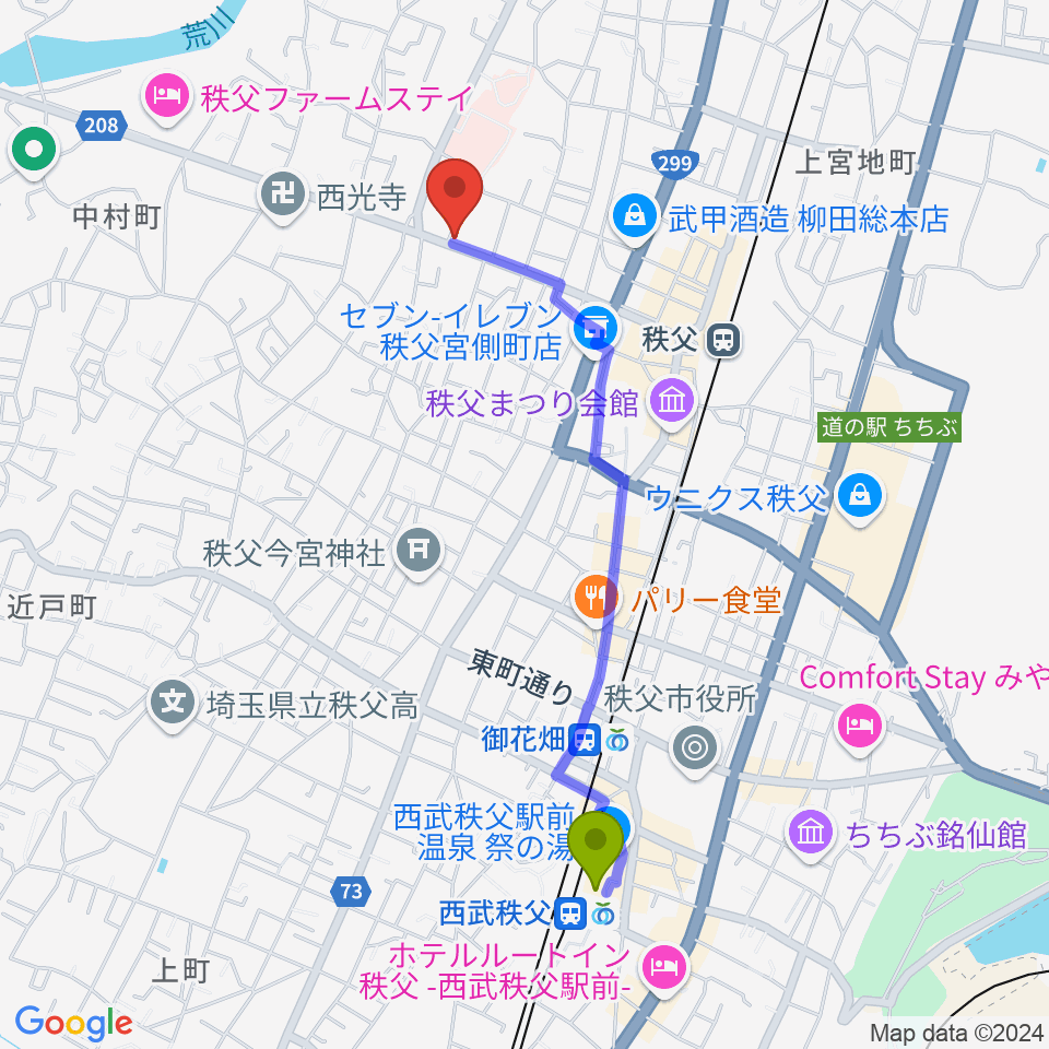 西武秩父駅からSTUDIO JOYへのルートマップ地図