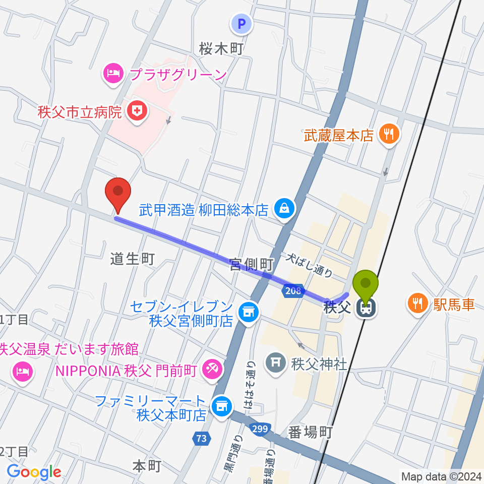 STUDIO JOYの最寄駅秩父駅からの徒歩ルート（約8分）地図