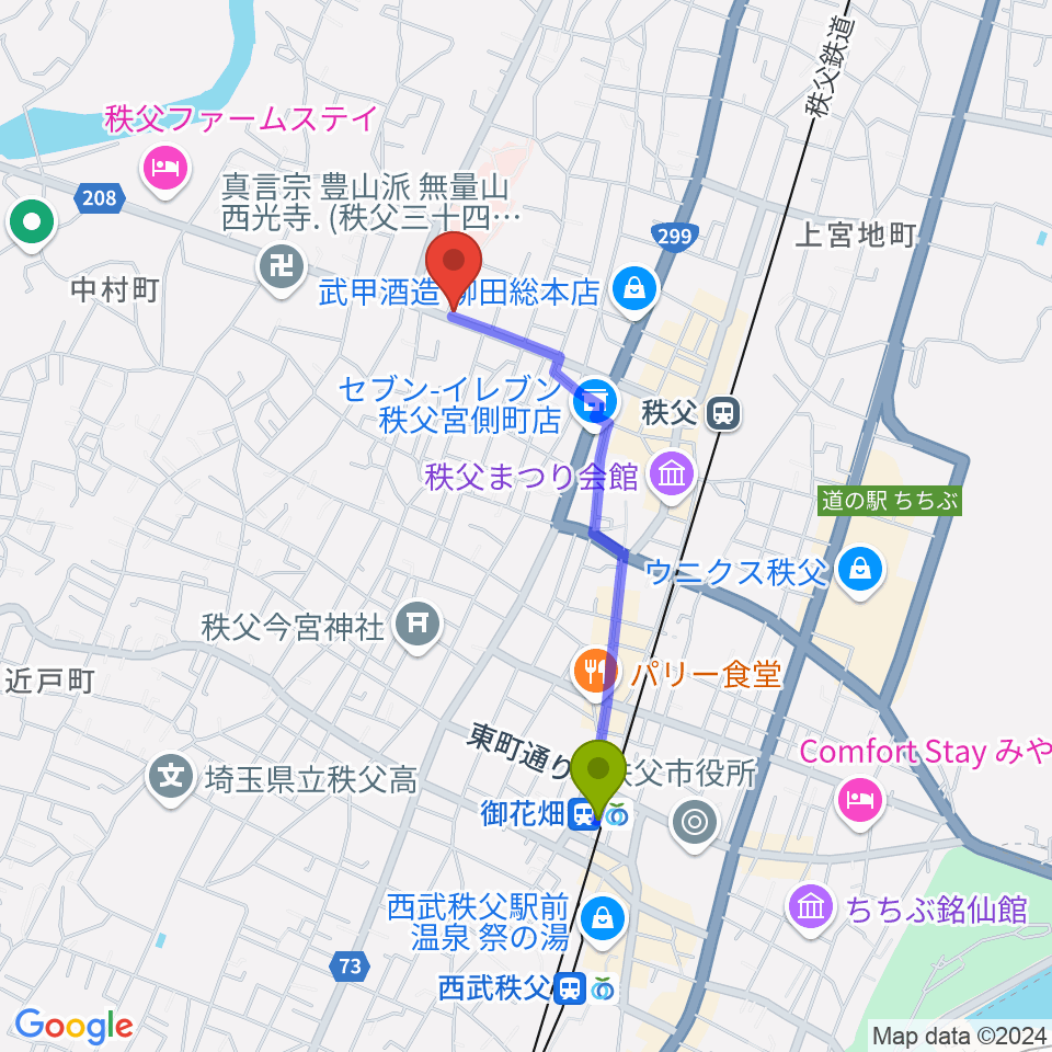 御花畑駅からSTUDIO JOYへのルートマップ地図