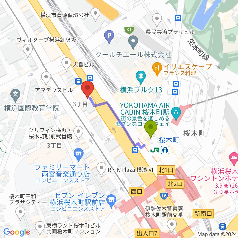 ヨコハマセーラスタジオの最寄駅桜木町駅からの徒歩ルート（約2分）地図