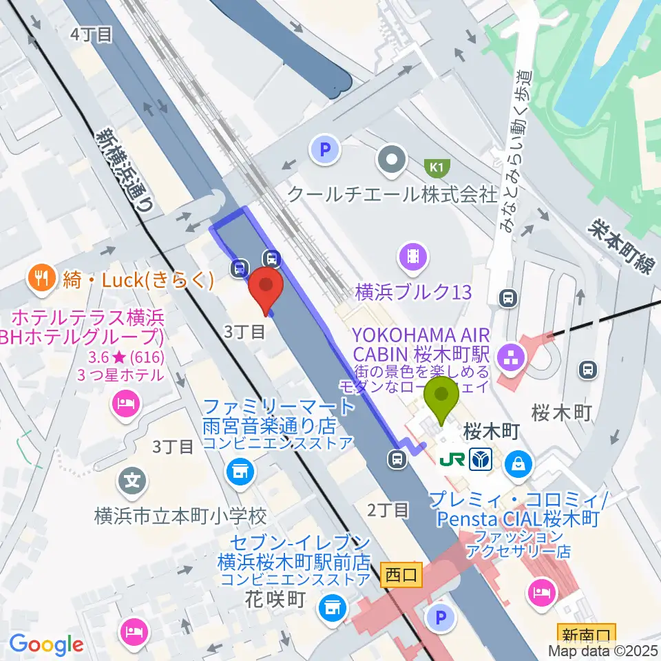ヨコハマセーラスタジオの最寄駅桜木町駅からの徒歩ルート（約2分）地図