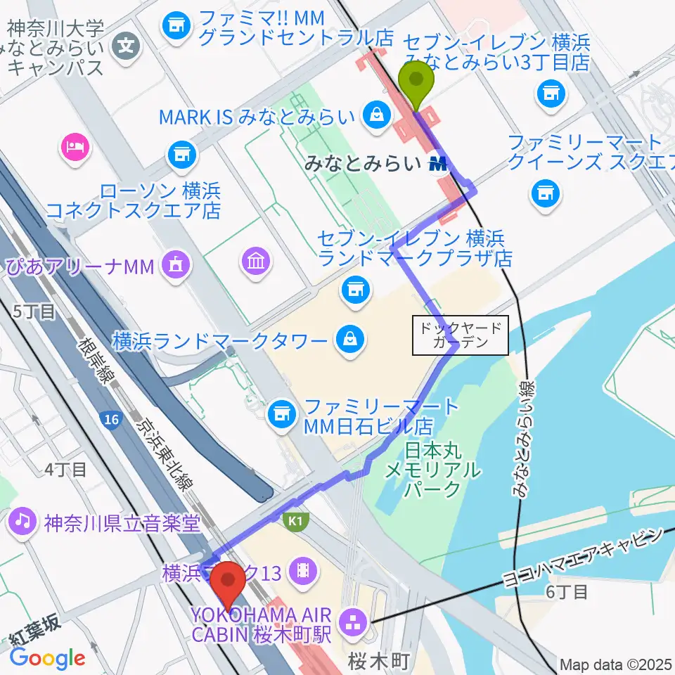 みなとみらい駅からヨコハマセーラスタジオへのルートマップ地図