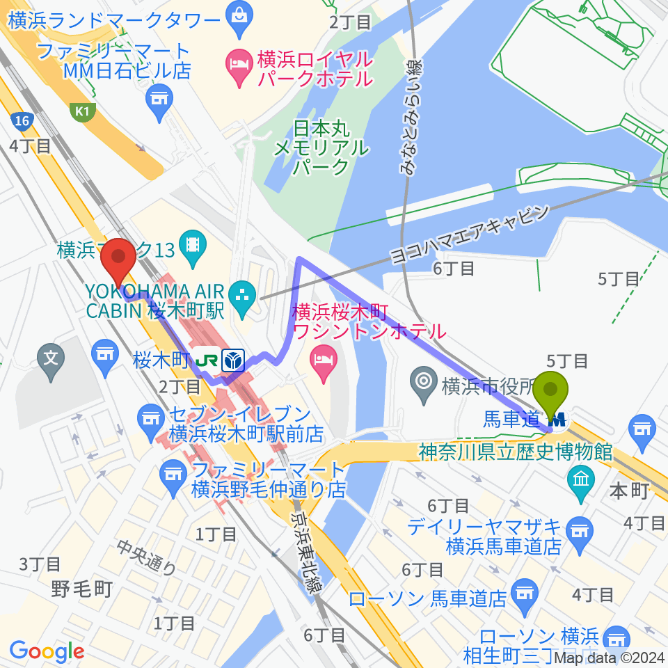 馬車道駅からヨコハマセーラスタジオへのルートマップ地図