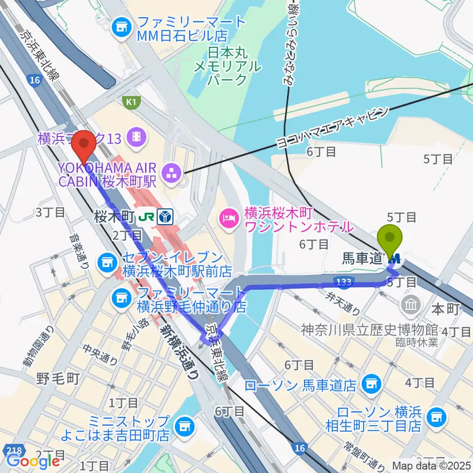 馬車道駅からヨコハマセーラスタジオへのルートマップ地図