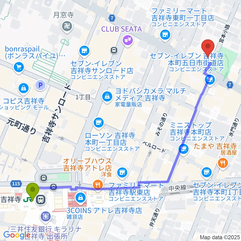 スタジオ・アルファ・ベガの最寄駅吉祥寺駅からの徒歩ルート（約7分）地図