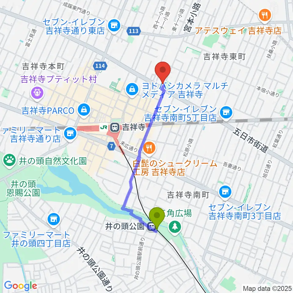 井の頭公園駅からスタジオ・アルファ・ベガへのルートマップ地図