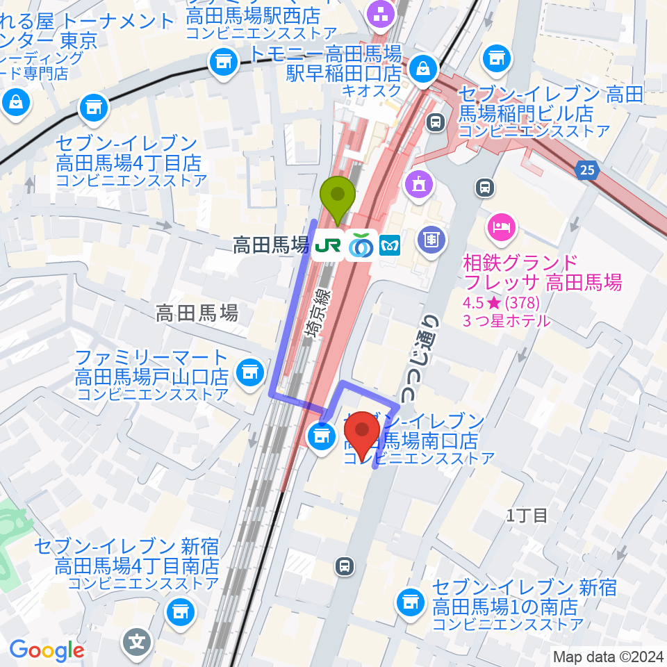 BASS ON TOP 高田馬場店の最寄駅高田馬場駅からの徒歩ルート（約3分）地図