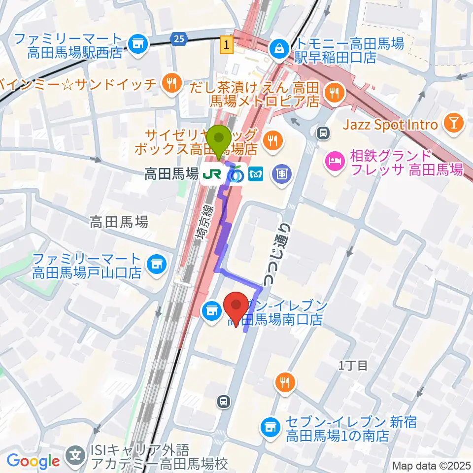 BASS ON TOP 高田馬場店の最寄駅高田馬場駅からの徒歩ルート（約3分）地図