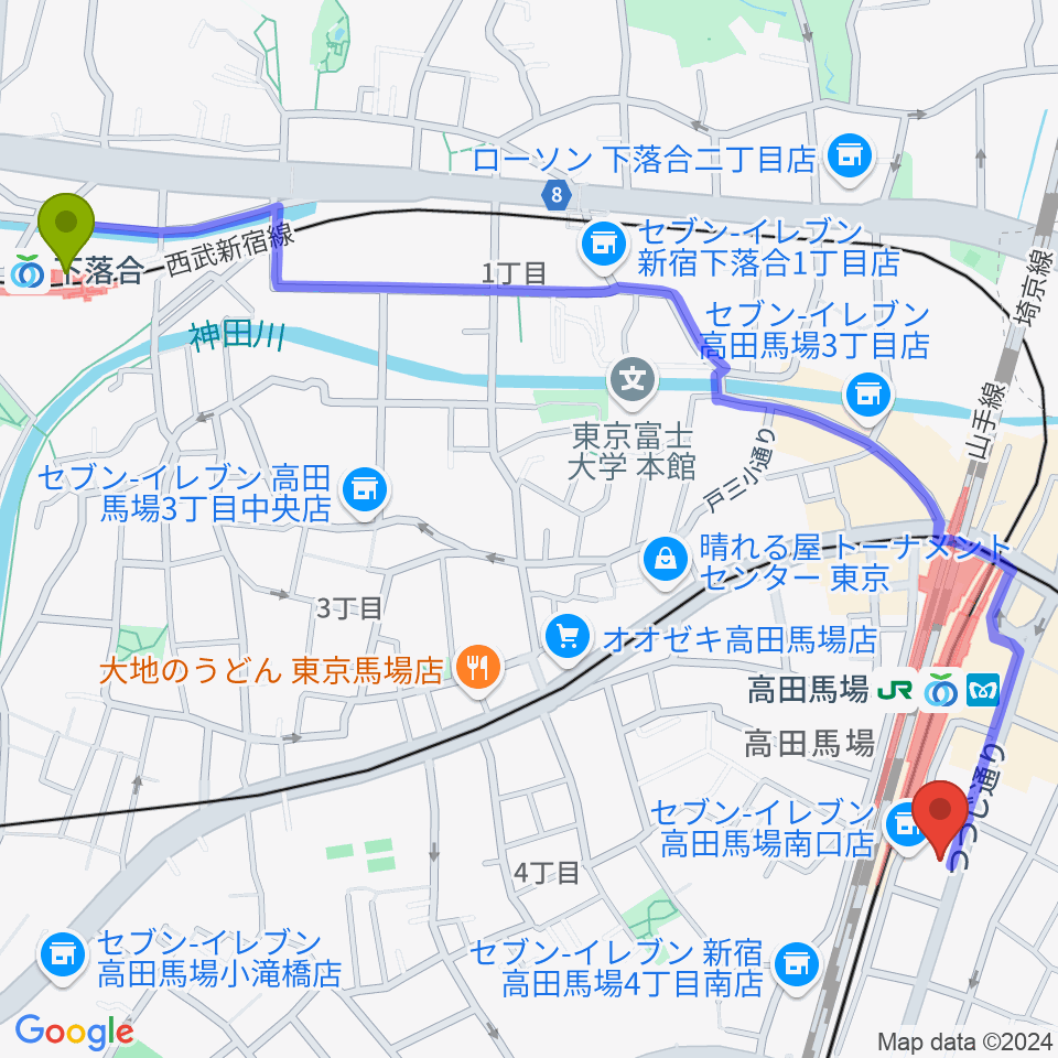 下落合駅からBASS ON TOP 高田馬場店へのルートマップ地図