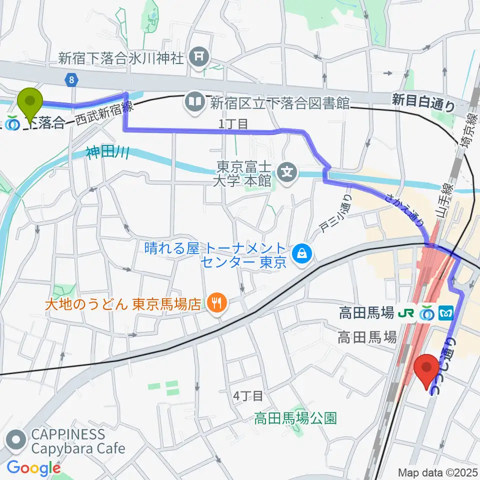 下落合駅からBASS ON TOP 高田馬場店へのルートマップ地図