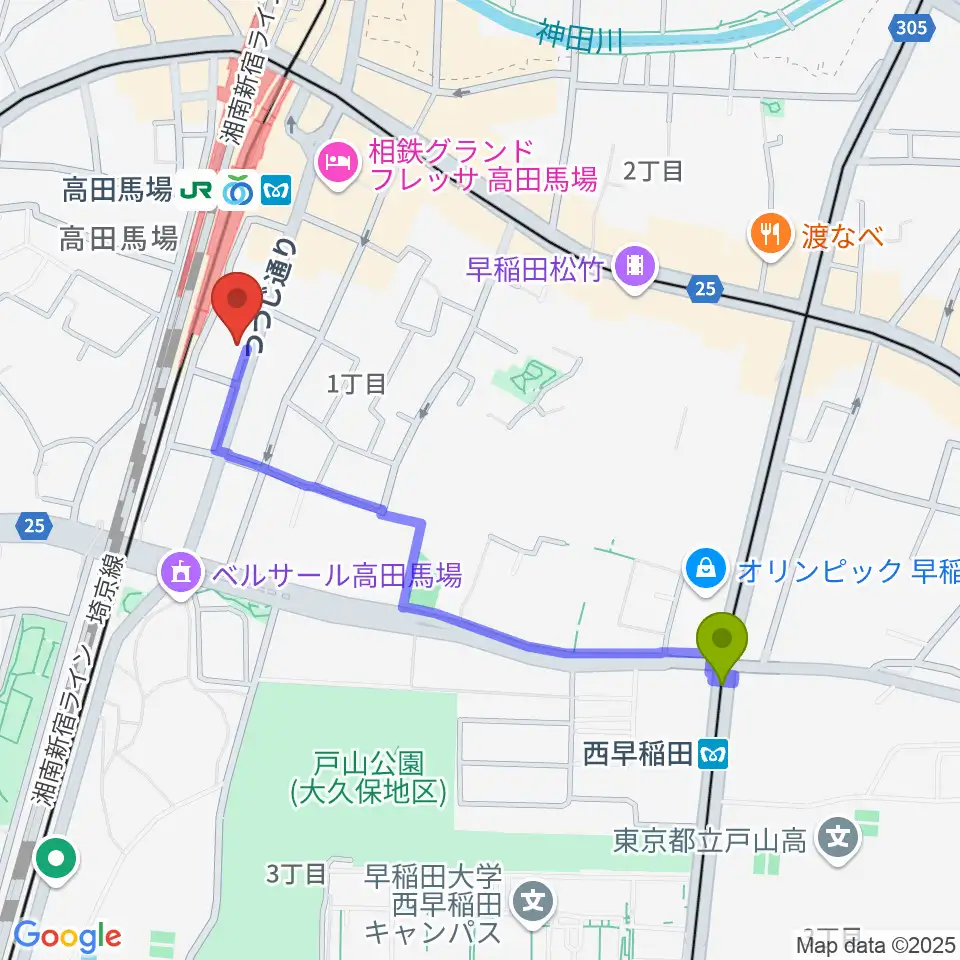 西早稲田駅からBASS ON TOP 高田馬場店へのルートマップ地図