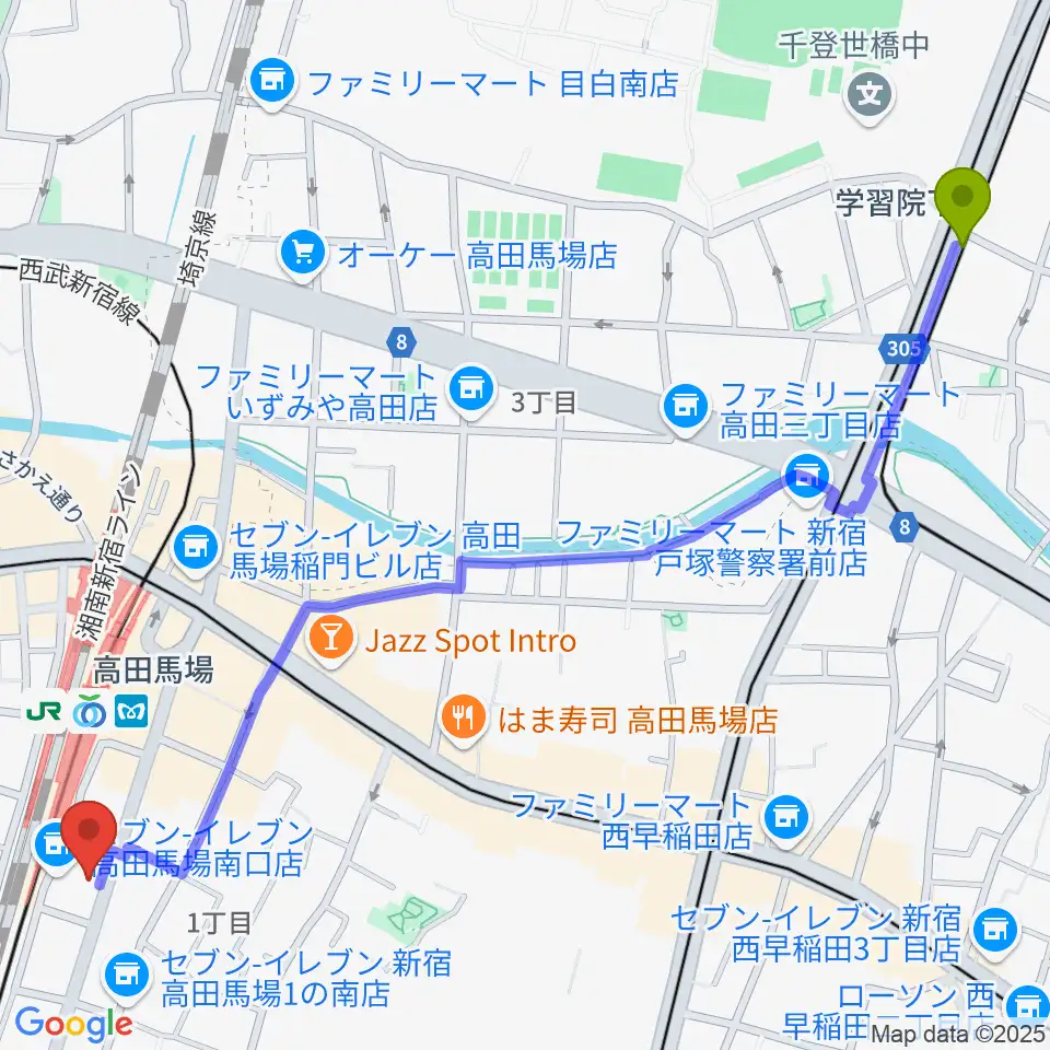 学習院下駅からBASS ON TOP 高田馬場店へのルートマップ地図