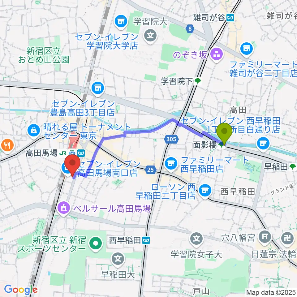面影橋駅からBASS ON TOP 高田馬場店へのルートマップ地図