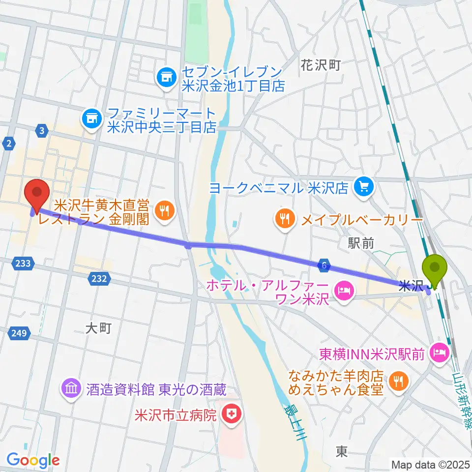 米沢LIVE ARBの最寄駅米沢駅からの徒歩ルート（約26分）地図