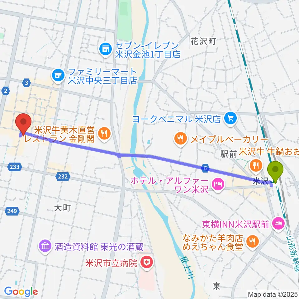 米沢LIVE ARBの最寄駅米沢駅からの徒歩ルート（約26分）地図