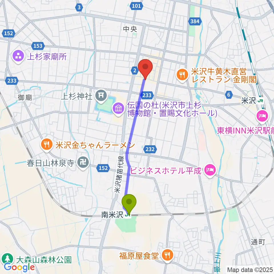 南米沢駅から米沢LIVE ARBへのルートマップ地図