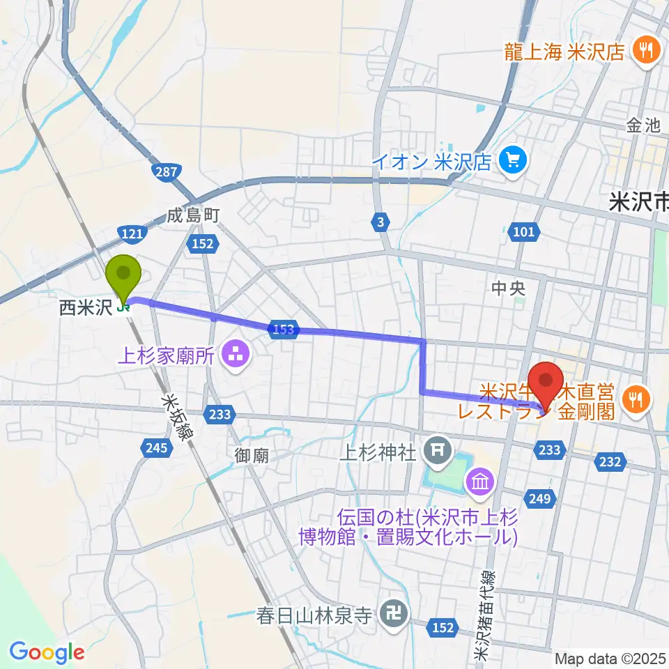 西米沢駅から米沢LIVE ARBへのルートマップ地図