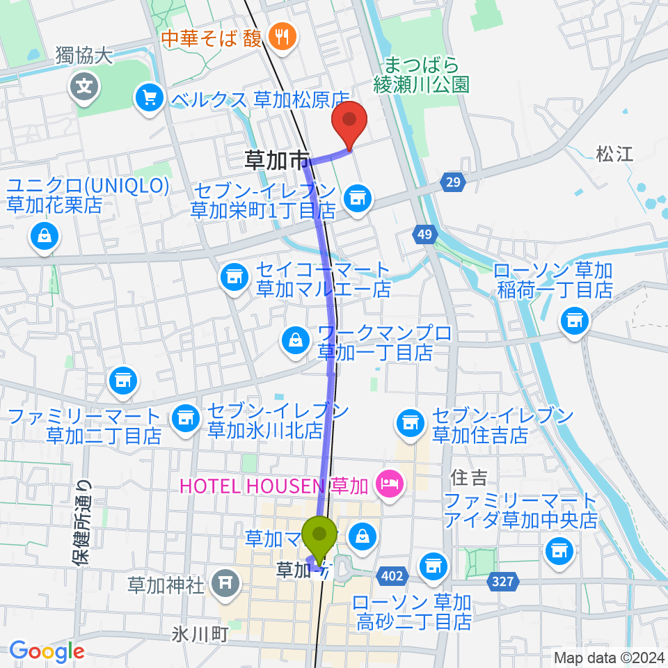 草加駅からR-SPギター教室へのルートマップ地図