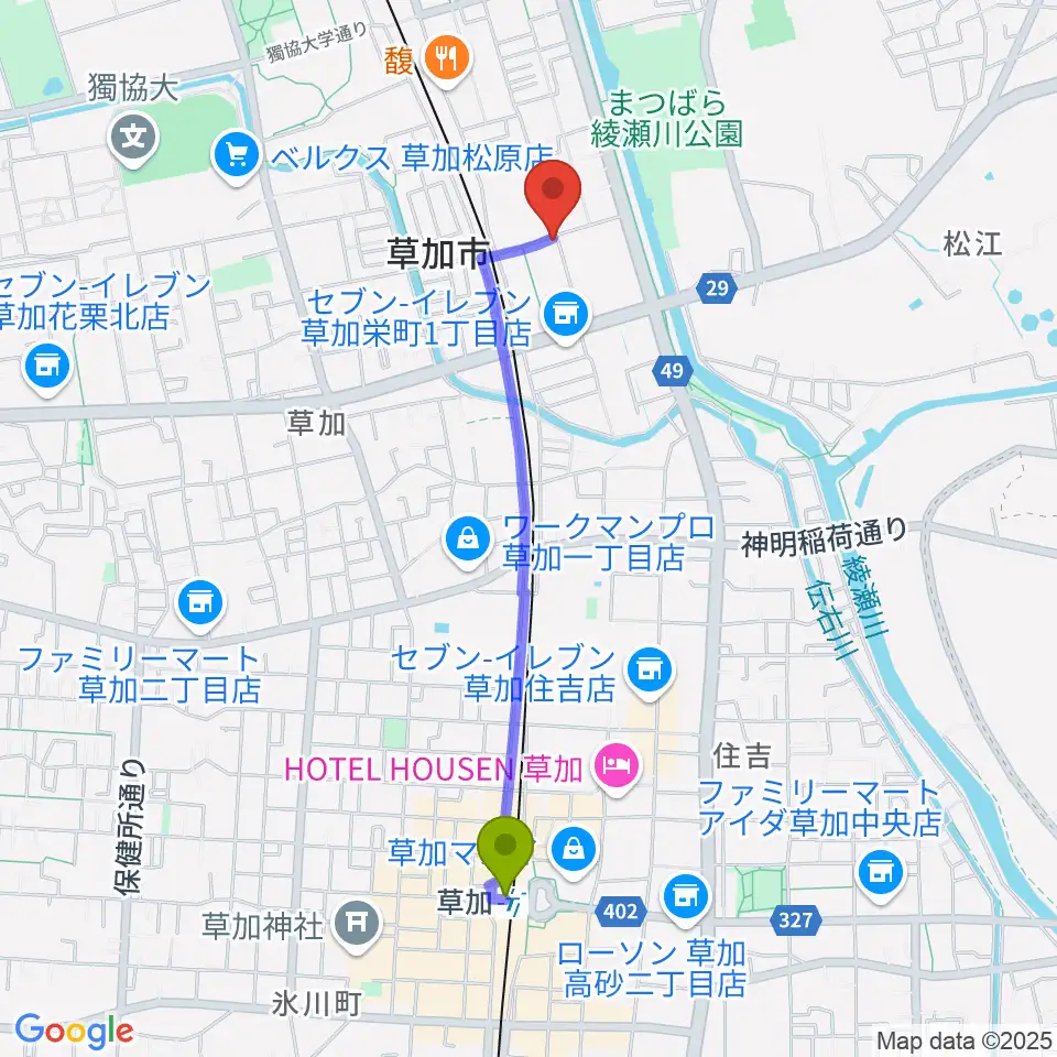 草加駅からR-SPギター教室へのルートマップ地図