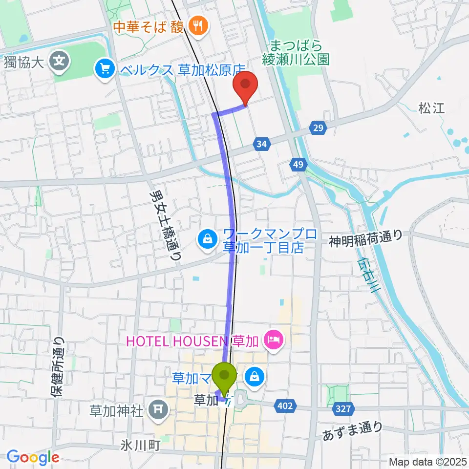 草加駅からR-SPギター教室へのルートマップ地図