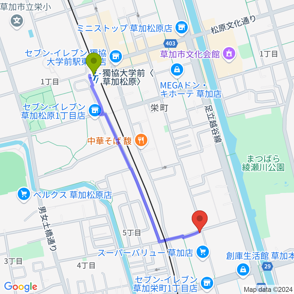 R-SPギター教室の最寄駅獨協大学前〈草加松原〉駅からの徒歩ルート（約10分）地図