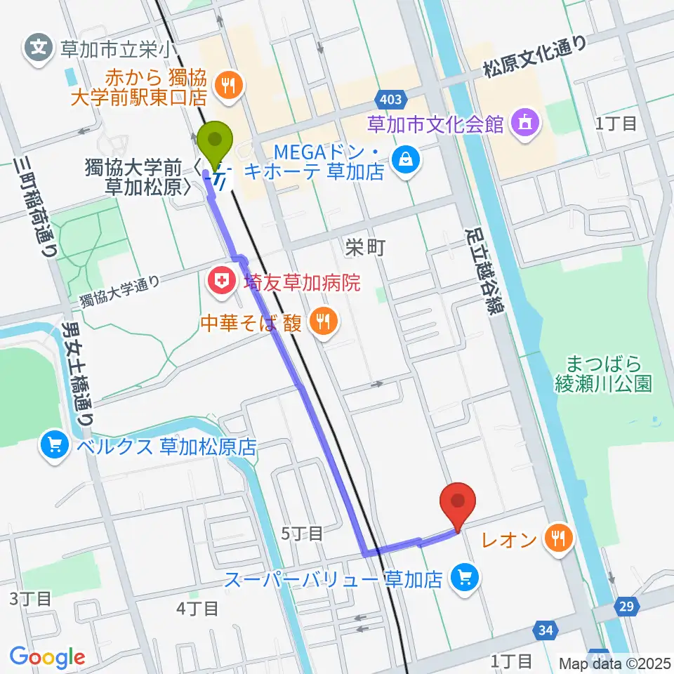 R-SPギター教室の最寄駅獨協大学前〈草加松原〉駅からの徒歩ルート（約10分）地図
