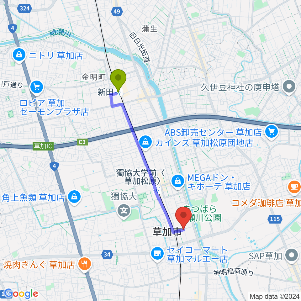 新田駅からR-SPギター教室へのルートマップ地図