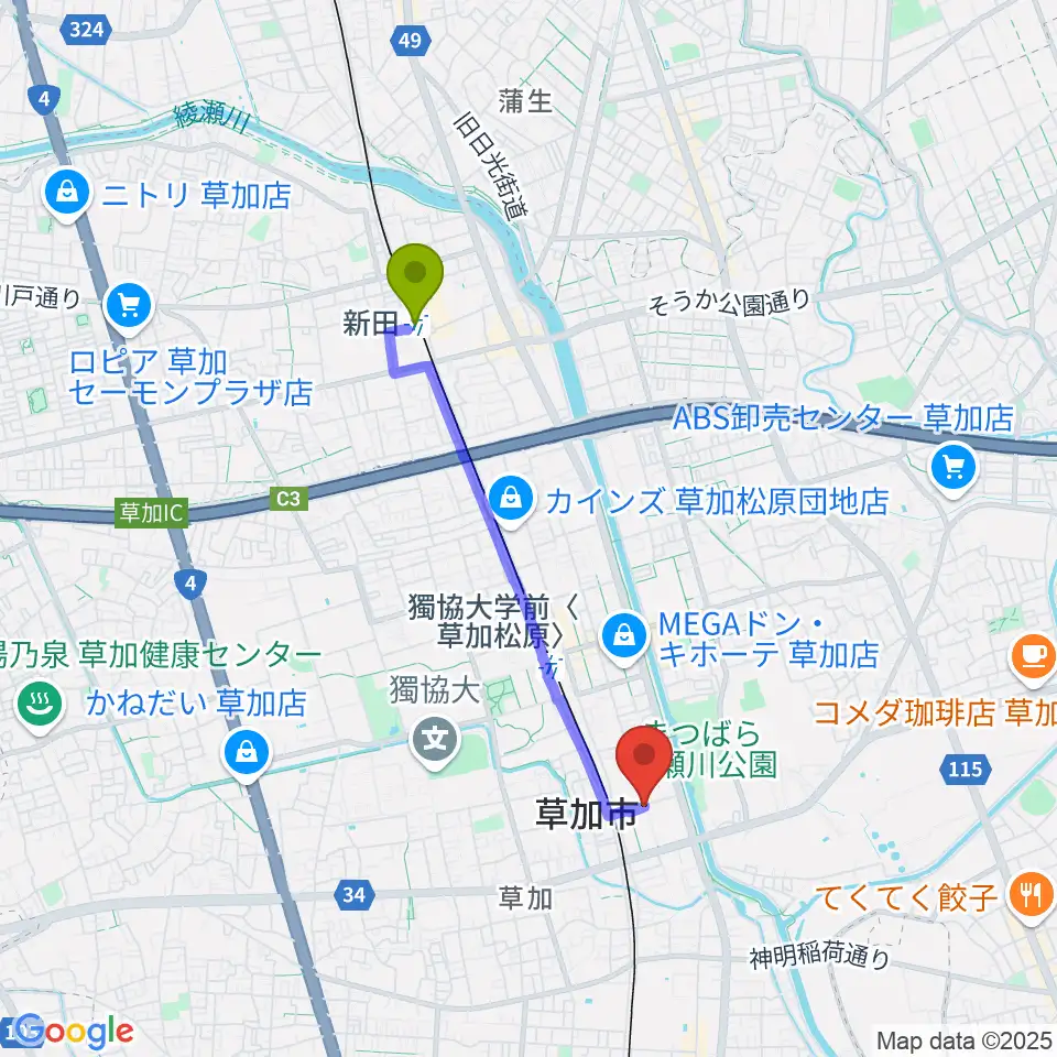 新田駅からR-SPギター教室へのルートマップ地図