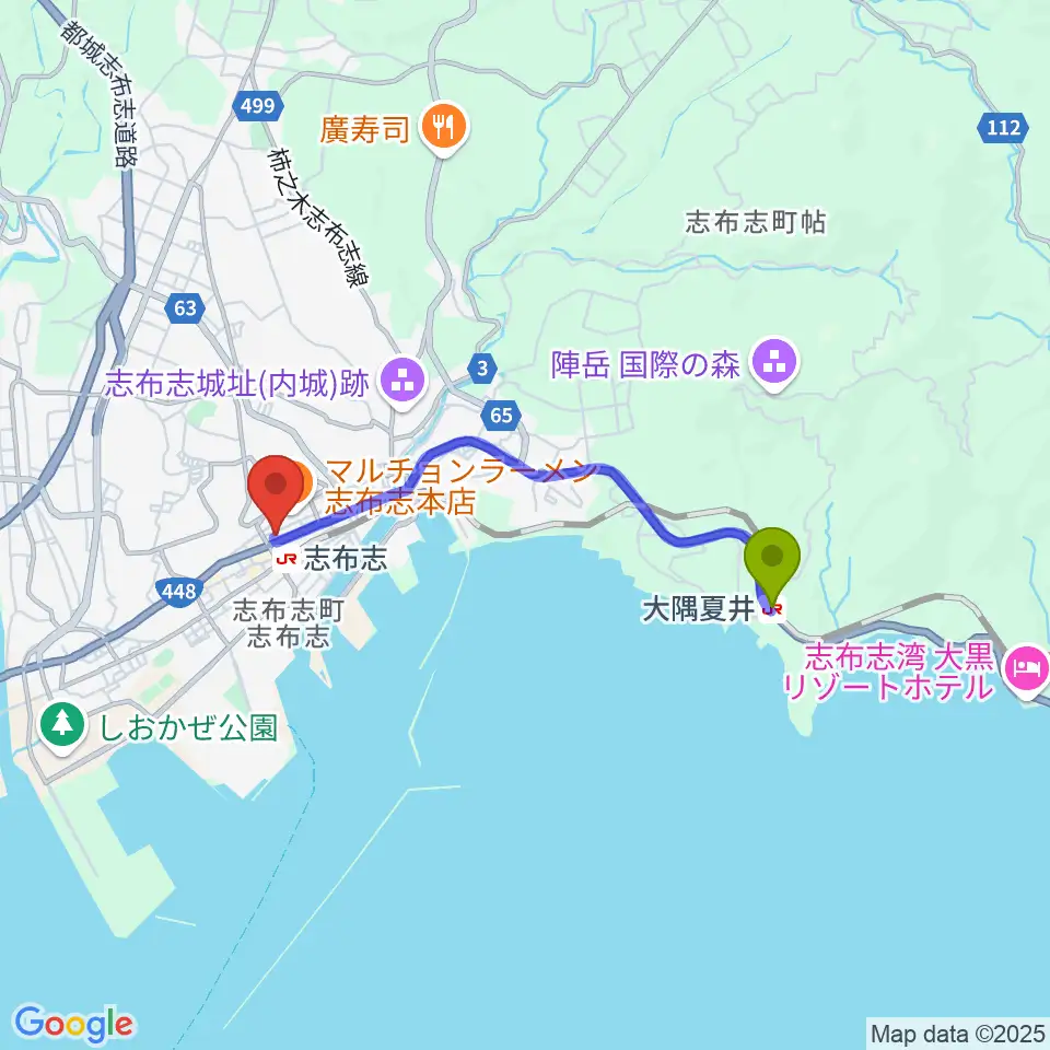 大隅夏井駅から島津楽器 音楽教室へのルートマップ地図