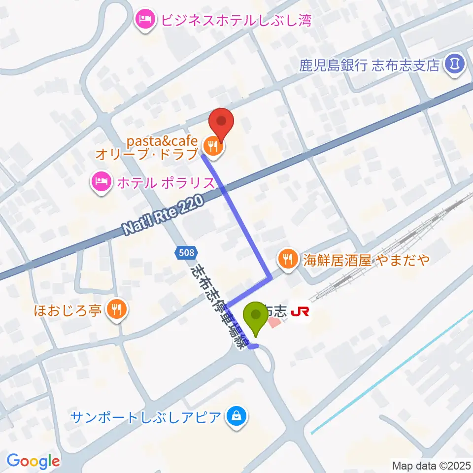 島津楽器 音楽教室の最寄駅志布志駅からの徒歩ルート（約3分）地図