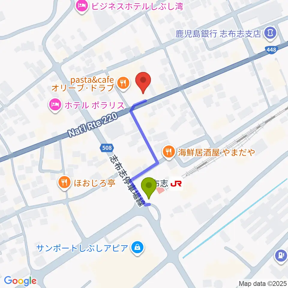 島津楽器の最寄駅志布志駅からの徒歩ルート（約3分）地図