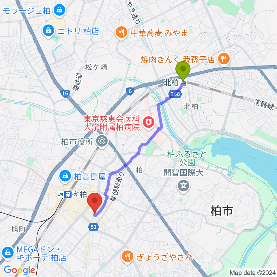 北柏駅からオーク音楽教室へのルートマップ地図