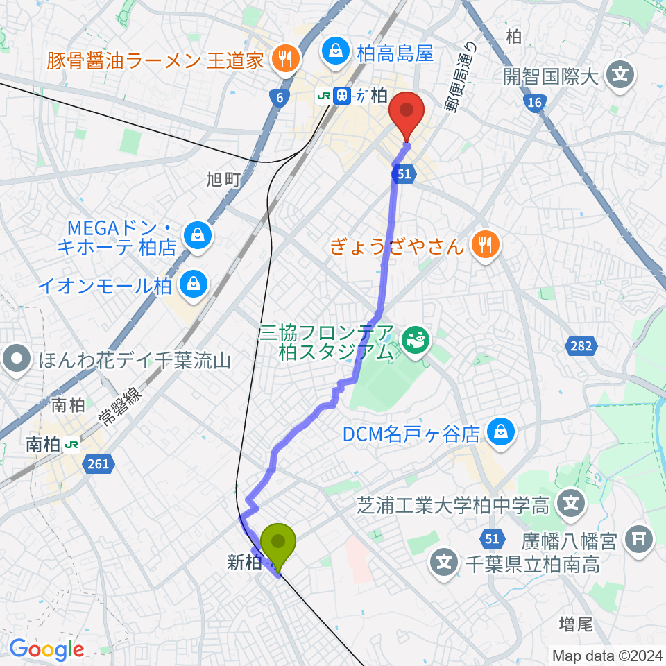 新柏駅からオーク音楽教室へのルートマップ地図