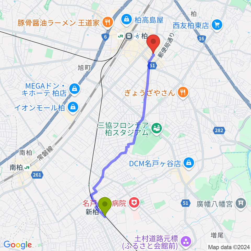 新柏駅からオーク音楽教室へのルートマップ地図