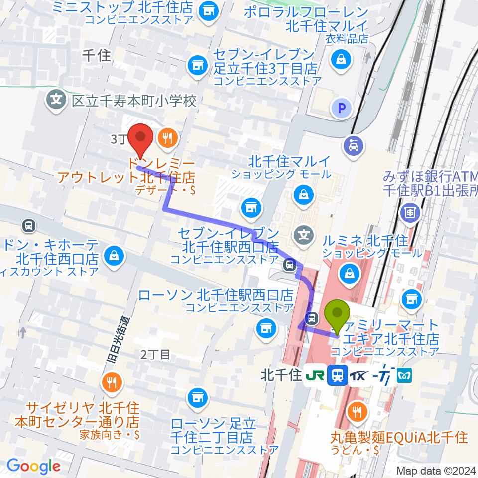 キャナリーギタースクールの最寄駅北千住駅からの徒歩ルート（約4分）地図