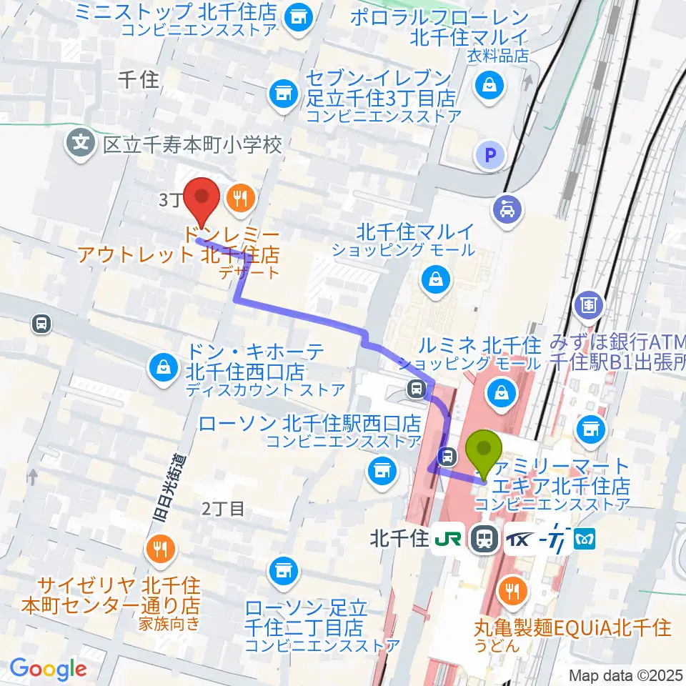 キャナリーギタースクールの最寄駅北千住駅からの徒歩ルート（約4分）地図