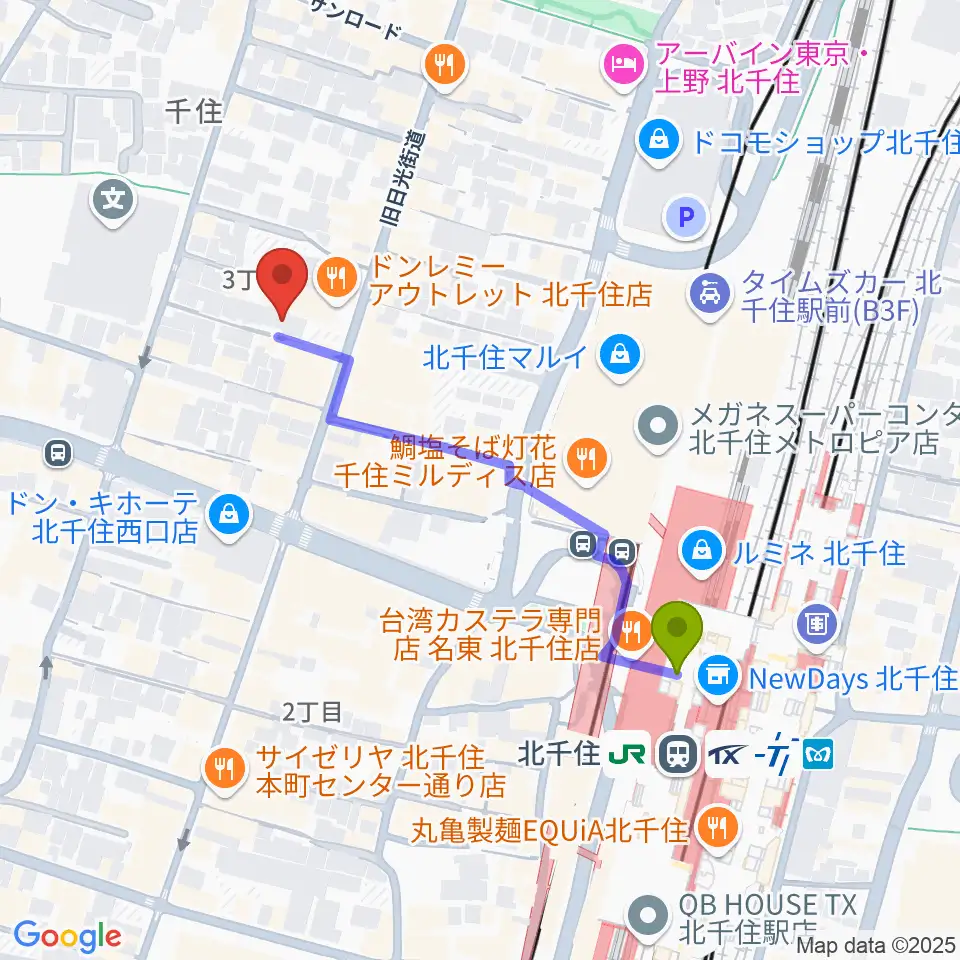 キャナリーギタースクールの最寄駅北千住駅からの徒歩ルート（約4分）地図