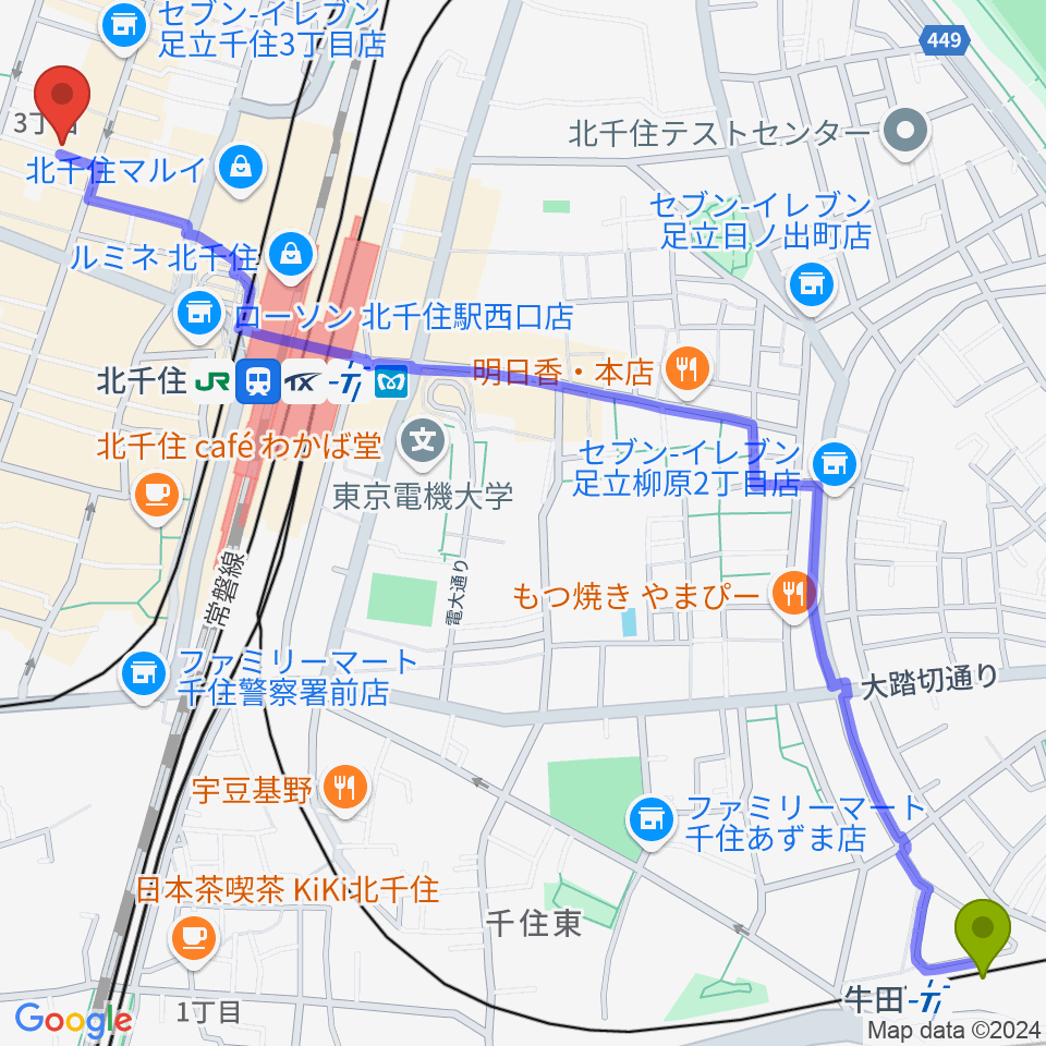 牛田駅からキャナリーギタースクールへのルートマップ地図