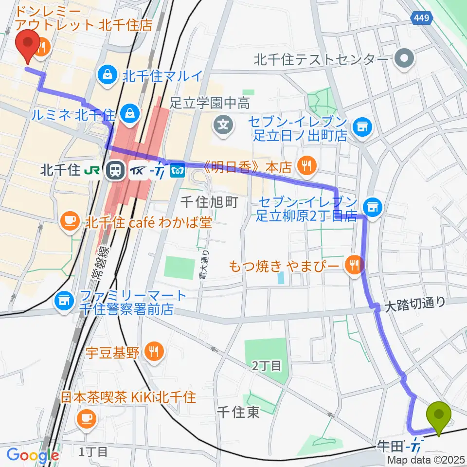 牛田駅からキャナリーギタースクールへのルートマップ地図