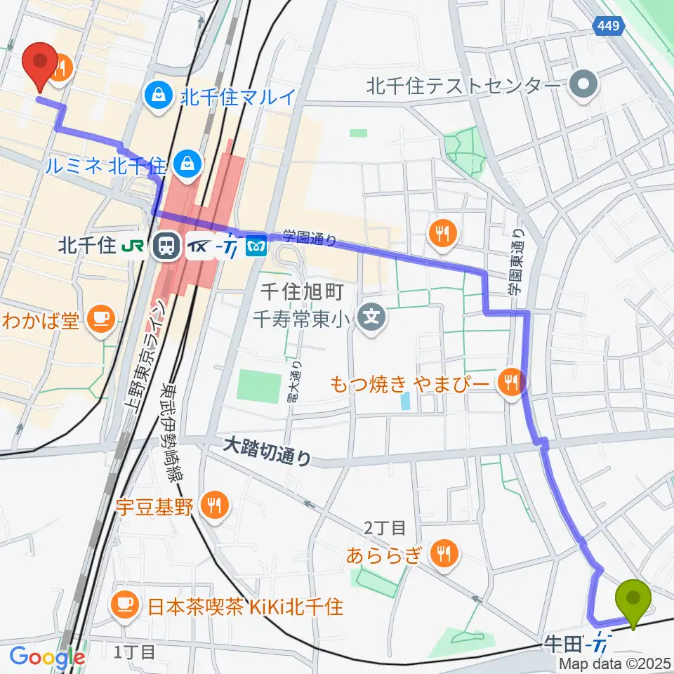 牛田駅からキャナリーギタースクールへのルートマップ地図