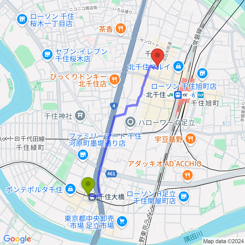 千住大橋駅からキャナリーギタースクールへのルートマップ地図